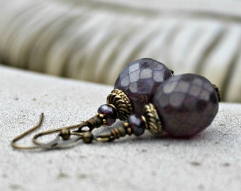 Purple Bohemian Czech Glass Drop Earrings, Antique Brass, Metallic Violet, Gift for Her