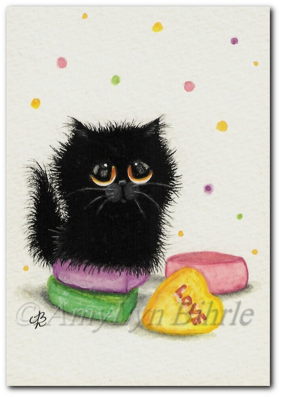 Items similar to Black Cat Valentine Love Heart Candy Art Print or