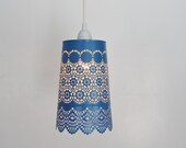 Denim BLUE Lace Pendant Lamp - UpCycled Hanging Lighting Fixture Featuring a Mesh Metal Lamp Shade - BootsNGus Lamps Design