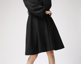 black wool coat, hooded coat, winter jacket, cashmere coat, handmade coat, plus size coat, warm coat, streetwear coat, gift for women (711)