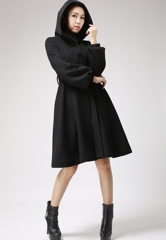 black wool coat hooded coat winter jacket cashmere coat