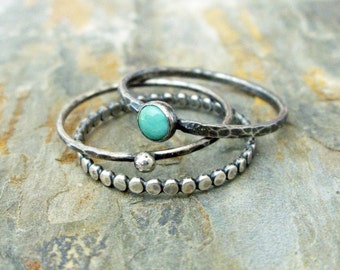 Turquoise Stacking Rings Set in Antiqued Sterling Silver Featuring Kingman, Arizona Turquoise - 3 Rustic Stacking Bands, Dotted Band