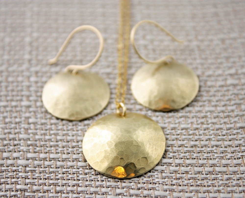 Gold Jewelry Set Brass Hammered and Domed Dissk on a 14k by true2u