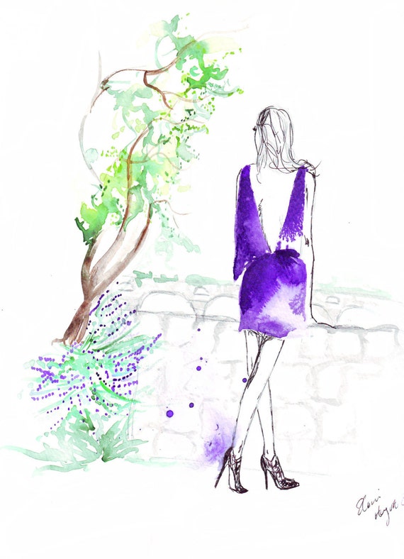 Watercolour Fashion Illustration Titled Daydreaming in Gaudi's Park