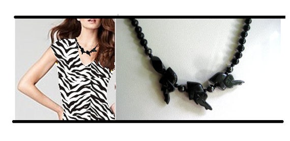 BLACK NECKLACE - Black Beaded Necklace - Abstract Elephant -  Glass Beads - 30 inch necklace  - By FerryCreekVintage