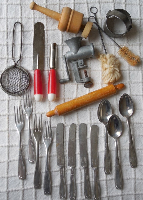 Vintage Childrens Toy Kitchen Utensils Aluminum Flatware