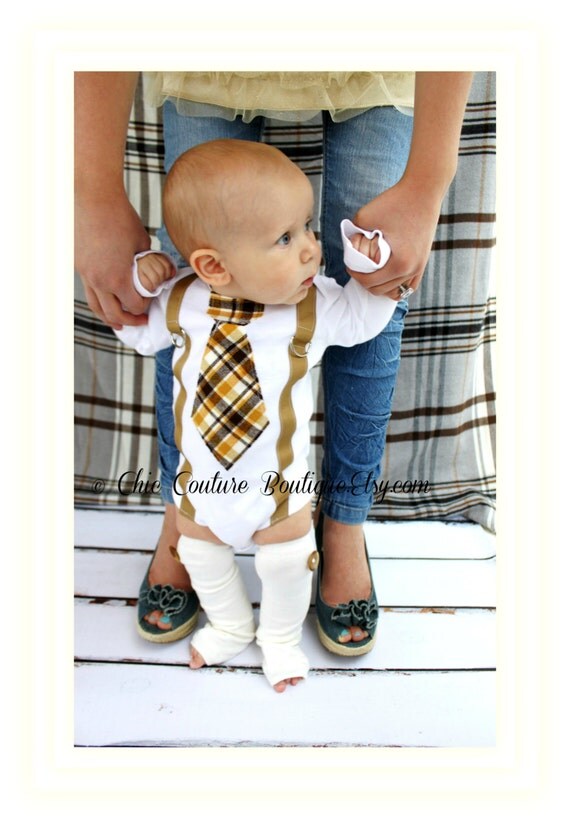 Baby Boy Coming Home Outfit Tie and Suspenders Bodysuit Button Leg Warmers SET. 1st Birthday Outfit Cake Smash Plaid, Mustard Yellow Brown by ChicCoutureBoutique