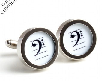 Musical Cufflinks with Bass Clef in Black and White PC225