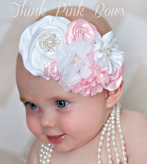 Baby headband,white and pink floral headband, baby headbands, girls headband,newborn headband,shabby chic headband, couture baby headband. by ThinkPinkBows