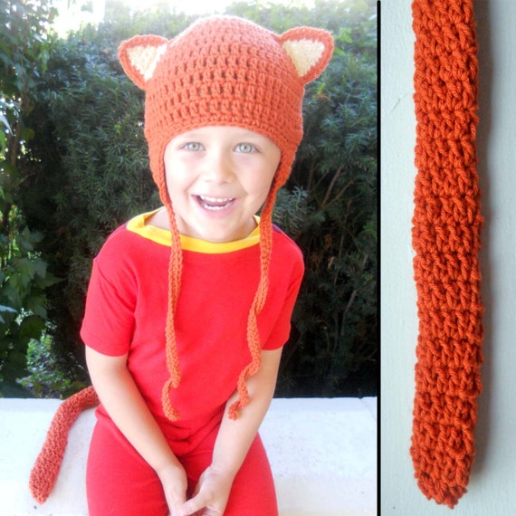 Kids Kitty Cat Halloween Costume in Orange Crochet Earflap