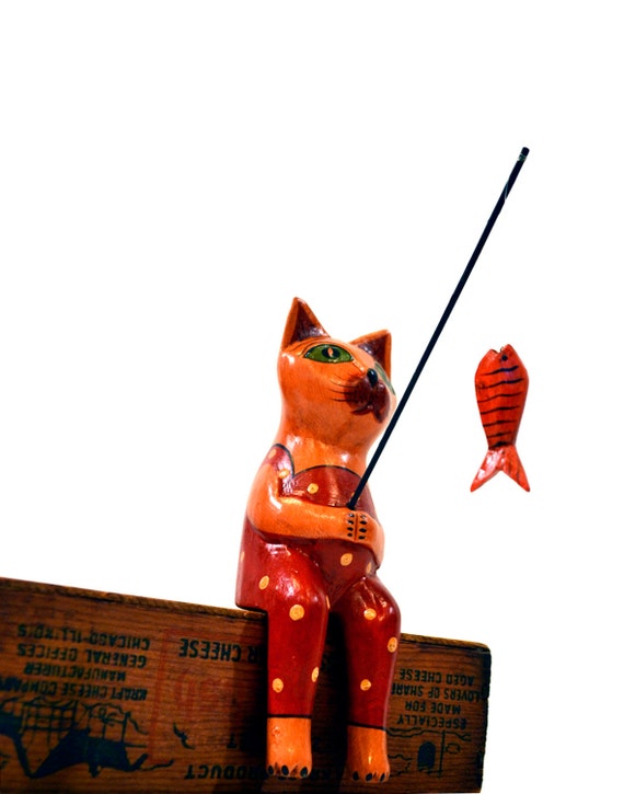 Resourceful Fishing Cat Folk Art Wooden Cat Figurine With