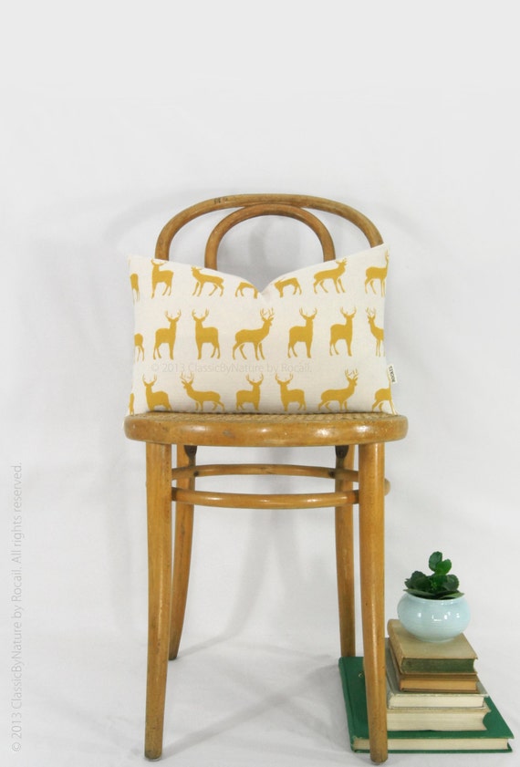 Mustard Deer Pillow Cover - Decorative Pillow - Colorful Accent - Stag Cushion - Spring summer decor - Yellow and Cream 12x18 Lumbar Pillow