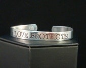 Love Protects Men's Cuff Bracelet for Domestic Violence Awareness, Hand Stamped Aluminum Cuff