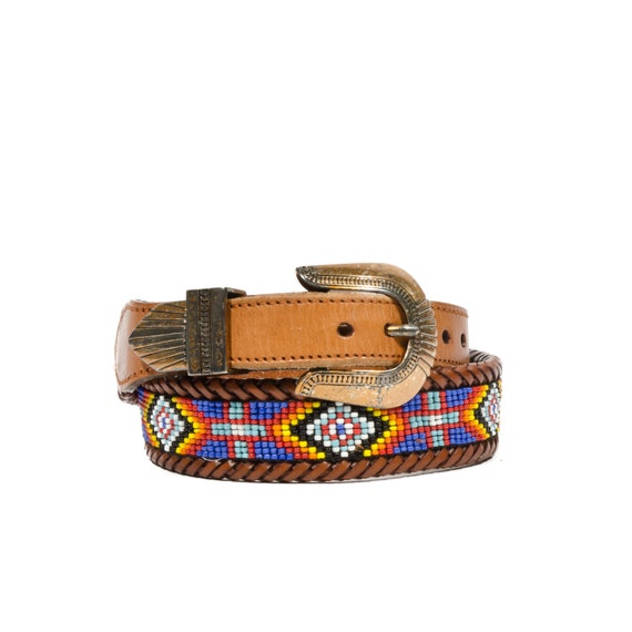 L.L. Bean Southwestern Beaded Belt Woven Leather size Small