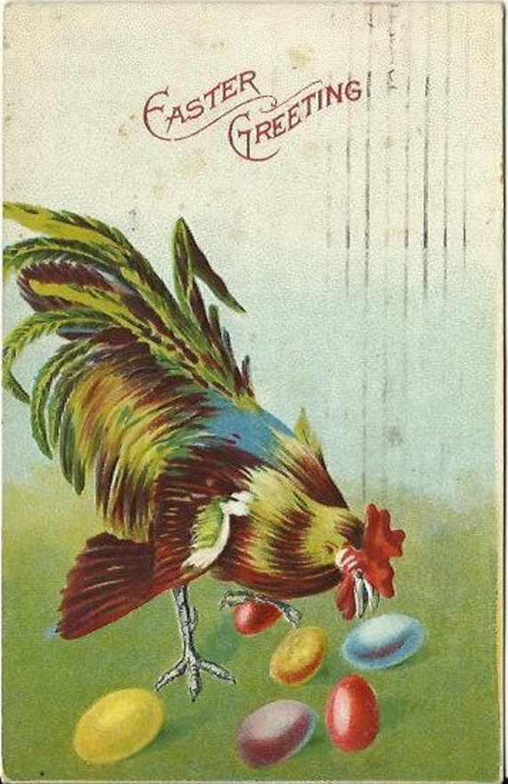 Antique Postcard "Easter Greeting"  with a cute Chicken - Rooster - Pecking at Colored Easter Eggs - Pastels Holiday Ephemera 1909