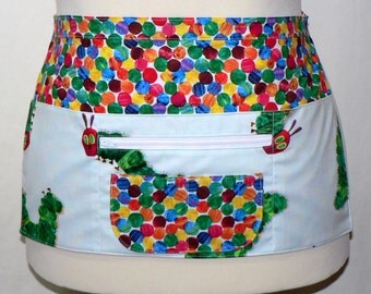 Teacher Apron, Vendor Apron, Gardening Apron - 6 Pocket Zipper Apron, HUNGRY CATERPILLAR, made-to-order in 2 sizes
