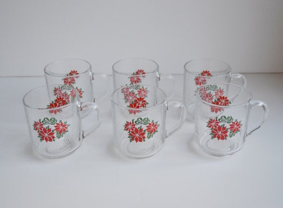 Luminarc Christmas  Cups glasses  of cups vintage Set Christmas 6 Mugs Vintage Pointsettia