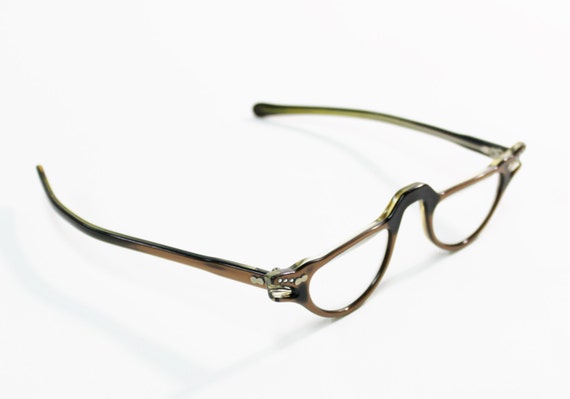 1950s eye glasses brown pearl lucite rhinestone half moon horn