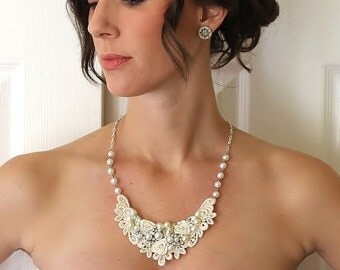 Wedding Necklace- Vintage-Inspired Bridal Necklace- Lace and Pearl Statement Necklace- Bridal Bib Necklace- Pearl and Rhinestone Necklace