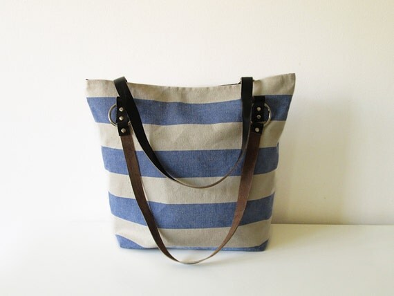 Canvas Tote bag Beach bag Blue and white stripesWater by byMART