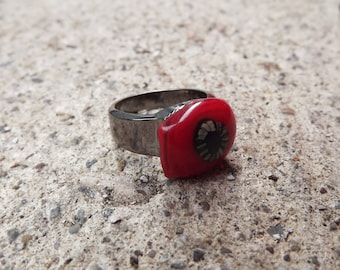 Hematite Funky Red Fused Glass Ring, Red Glass Ring, Flower Ring, Hippie Ring, Teen Ring