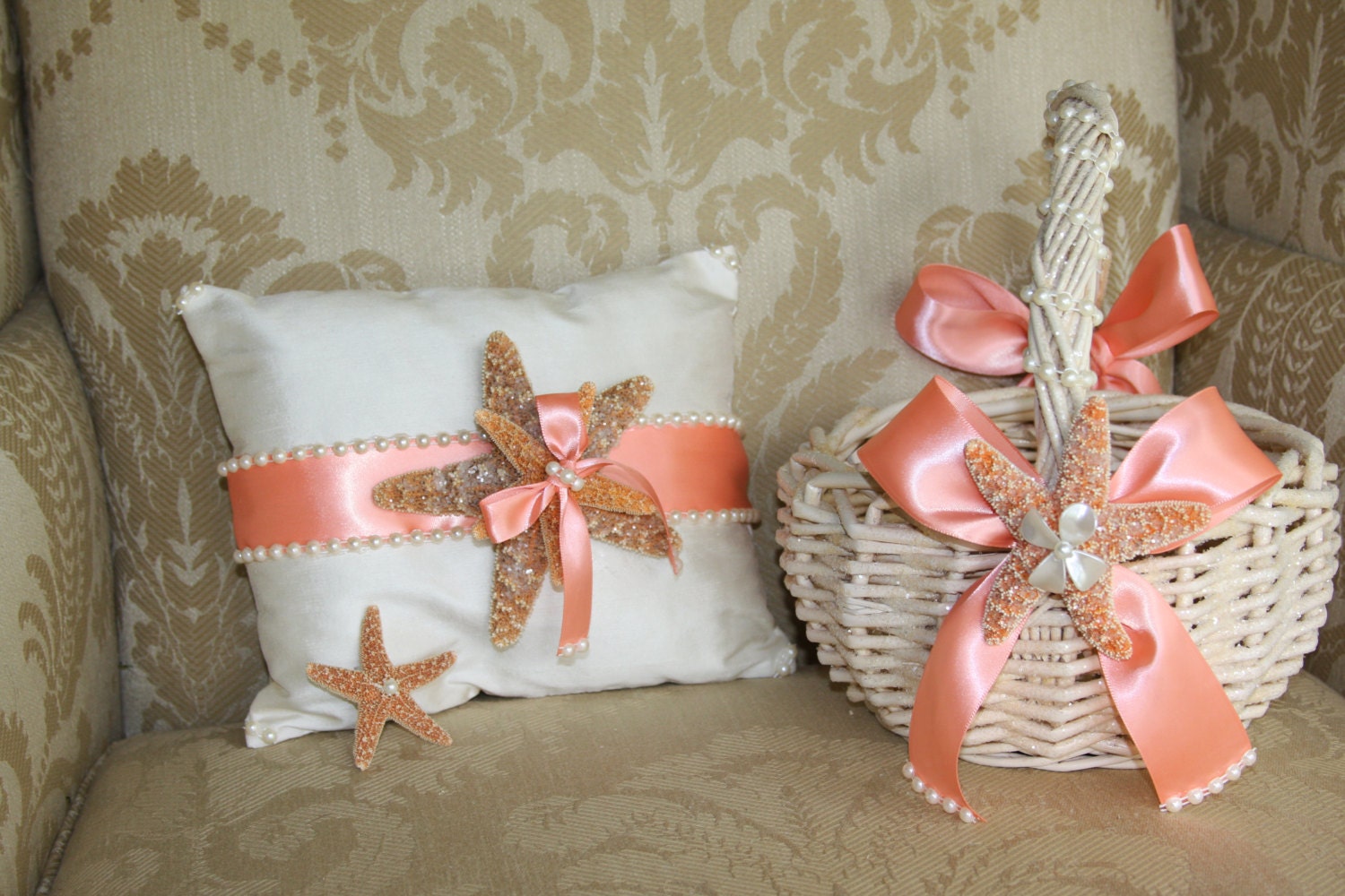 coral flower girl basket ring bearer pillow boutonniere for a