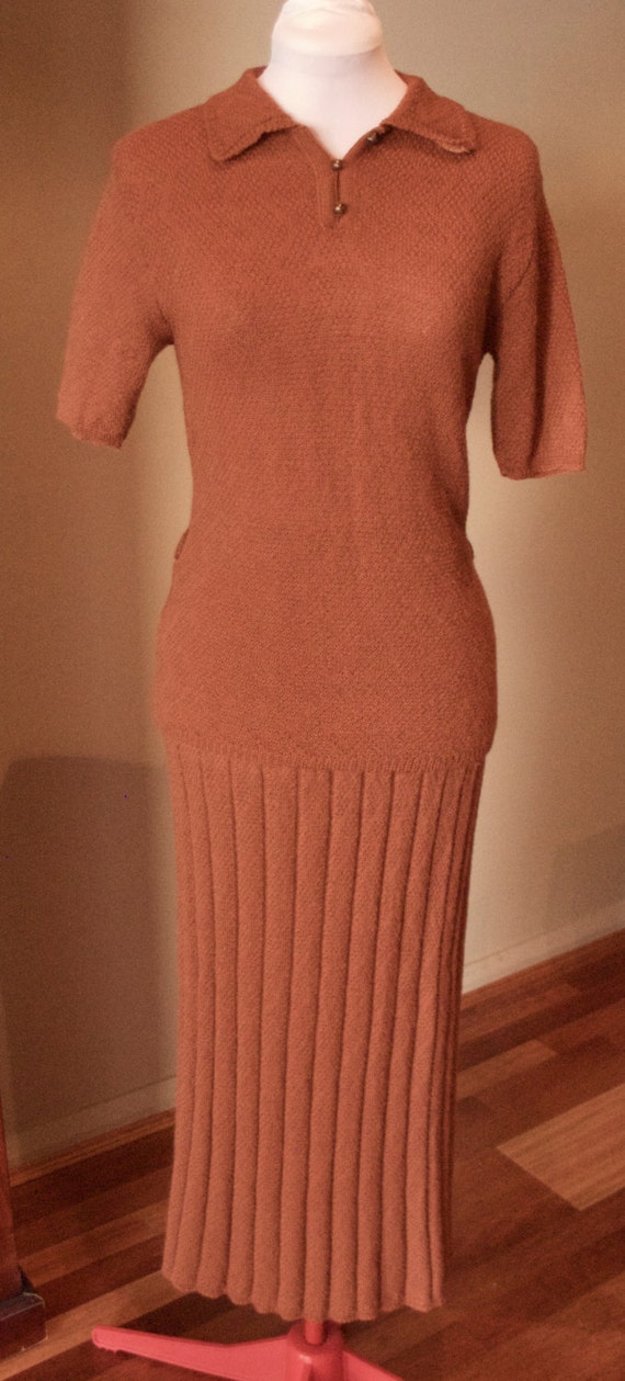 Vintage 1940s Ochre Knitted Blouse & Skirt set - M to L