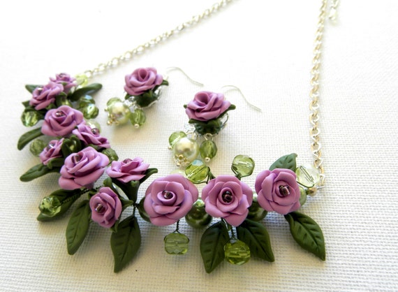Handmade roses Violet jewelry set Romantic jewelry