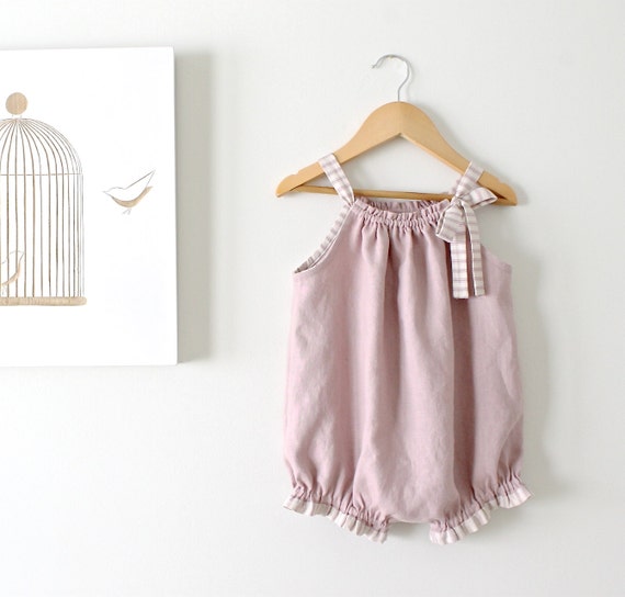 Baby Girl Linen Vintage RomperDusky Mauve and Stripe TrimOne
