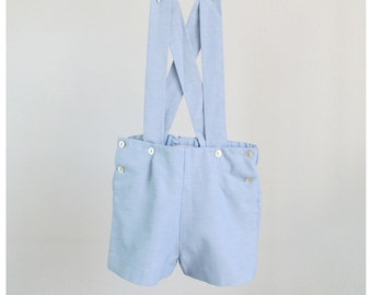 Boys Shorts - Light Blue light oxford cotton blend short overalls with suspenders - various colors available