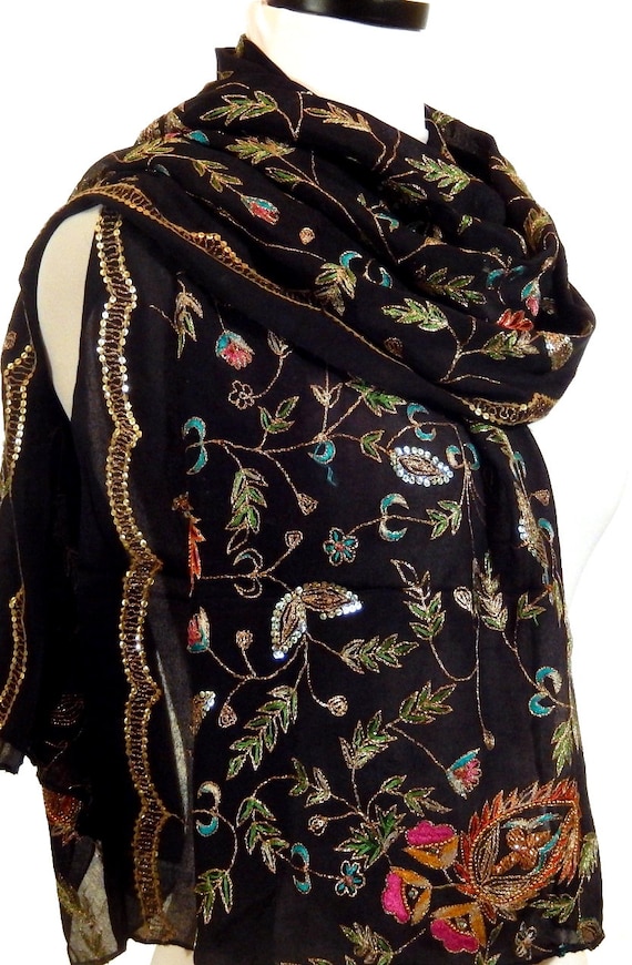 Black Chiffon Scarf Embroidered Shawl Beaded Shawl by MiriTextiles