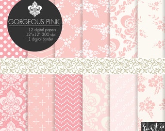 Pink digital paper with floral and damask patterns. Flowers, chevron, polka dot, damask in lovely pink color. Beige on white digital border.