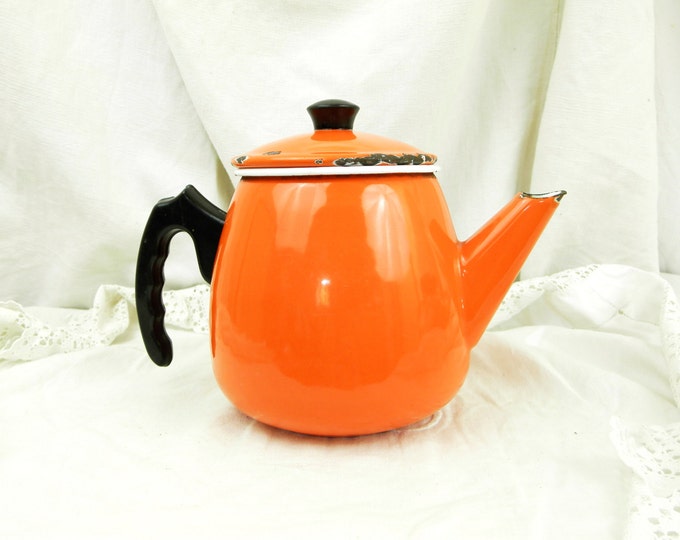 Vintage French Mid Century Orange Enamelware Coffee Pot / Mid Century Modern Kitchenware / Kitchenalia /Chippy / Retro Vintage Home Interior