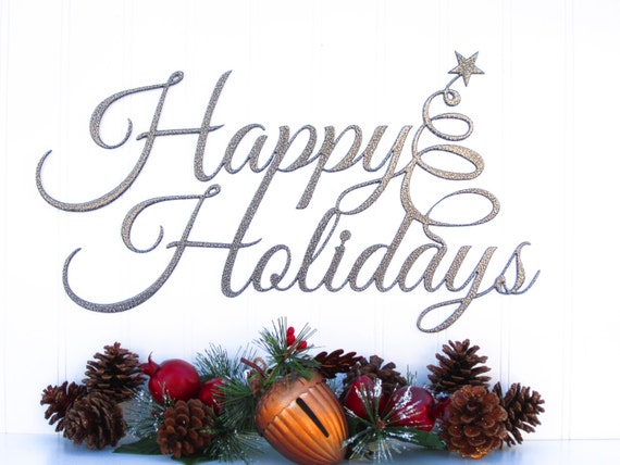 Happy Holidays Christmas Metal Sign Silver 16.5x9.5 Metal