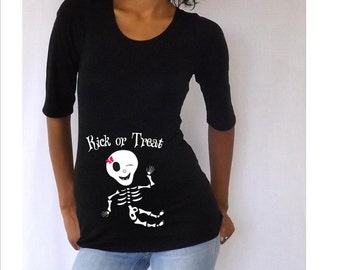 Maternity Halloween shirt " Kick or Treat" with Cute girl skeleton or pirate skeleton very cute