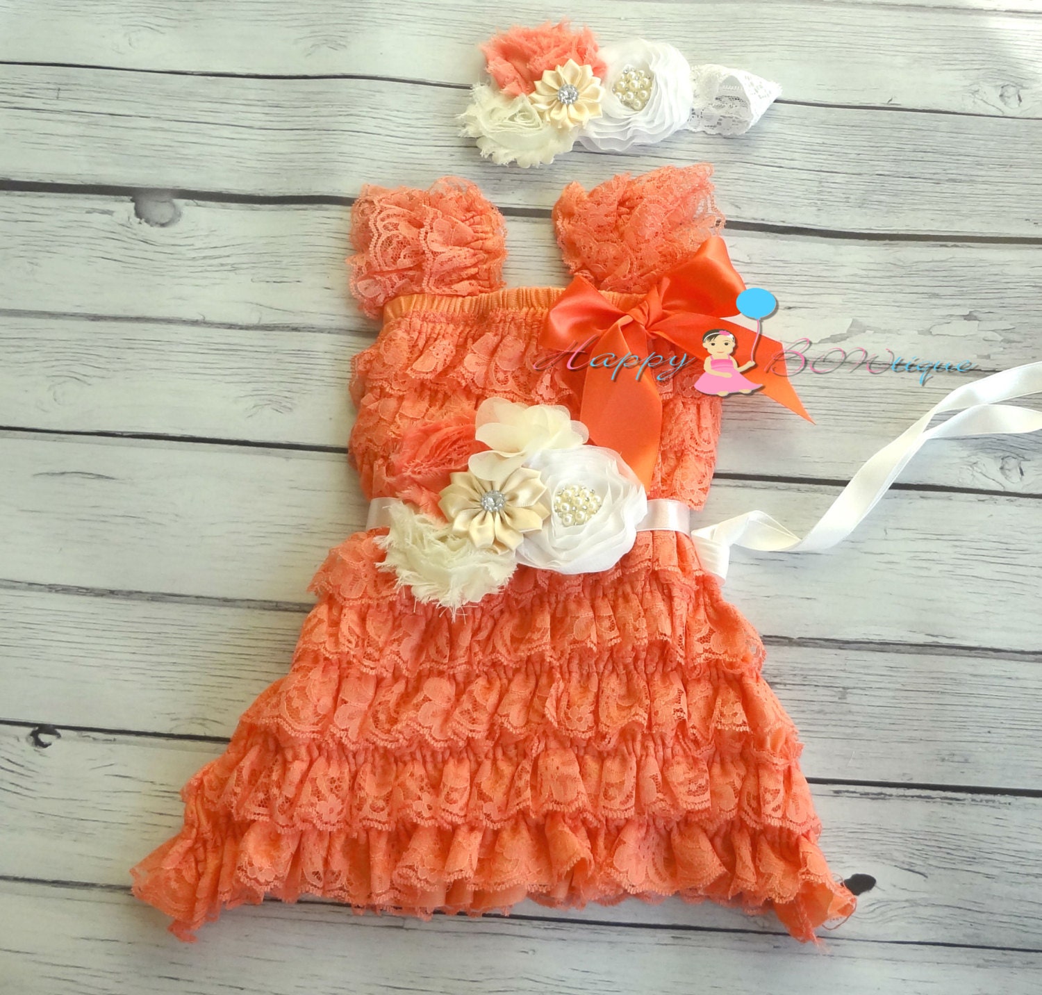 Embellished Coral Vintage Lace dress baby girls by HappyBOWtique