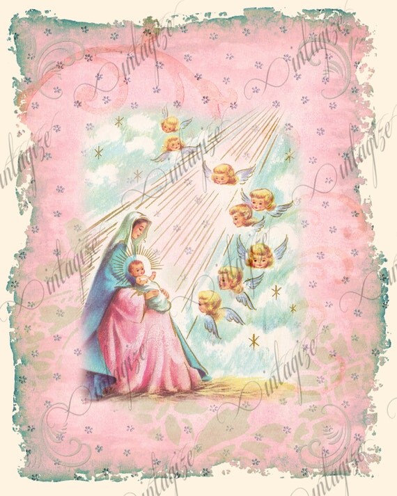 Items similar to Christmas Card Printable Religious Shabby Chic Vintage
