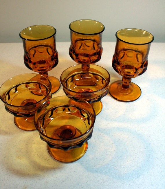 Amber Tiara Kings Crown glassware3 goblets3 sherbetsvintage