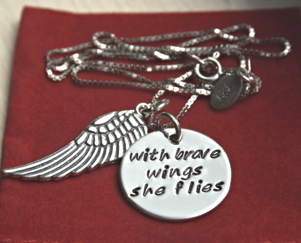 Inspirational Necklace, With Brave Wings She Flies, Motivational Jewelry, Inspirational Jewelry, Gift Idea for Her, Survivor, Graduation