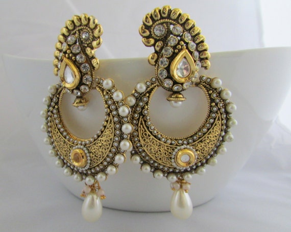 Gold Plated Pearl Chandelier Indian Jhumka Earrings