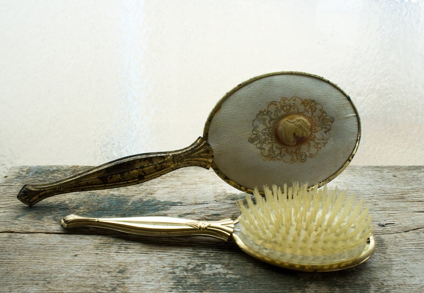 Vintage Cameo Mirror and Brush Silver Plated by NostalgicWarehouse