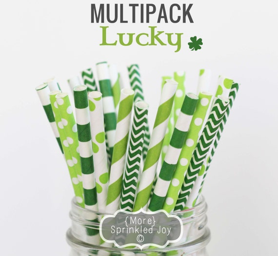 LUCKY Green Multipack, Chevron, Dots, Vintage, 25 Straws, St Patricks Day