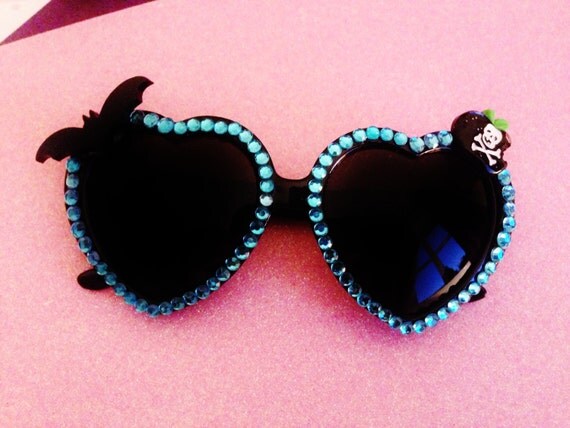 Creepy Blue Rhinestone Heart Shaped Sunglasses. Gothic, Grunge