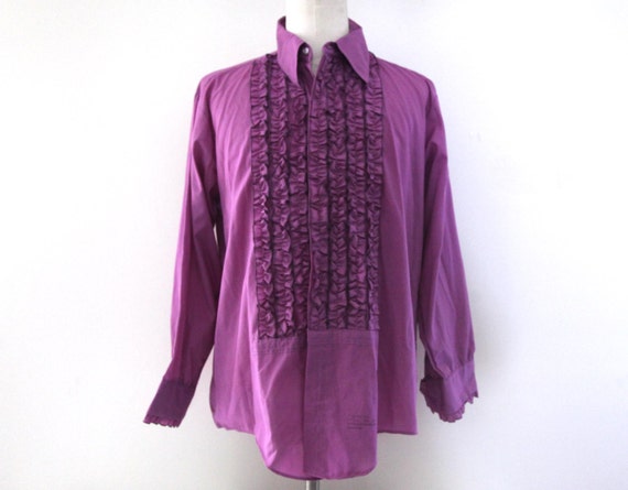 Vintage 70s RUFFLED TUXEDO SHIRT purple mens Delton 16.5/ 33