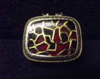 Vintage Hinged Inlaid Pill Box - Purse Sized - Gold Colored Metal