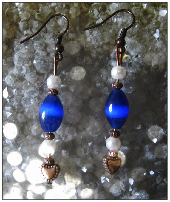 Handmade Copper Earrings with Blue Opal & White Pearl by IreneDesign2011
