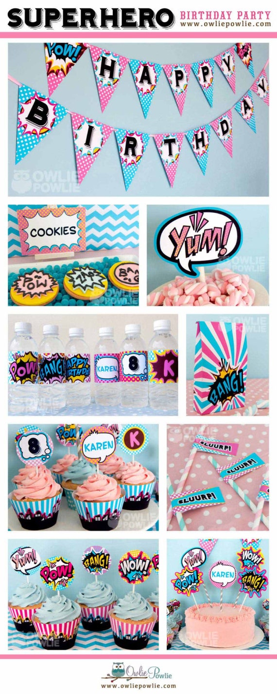 Pink Superhero BIRTHDAY Party Printable Package & Invitation, INSTANT DOWNLOAD, You Edit Yourself with Adobe Reader Il_570xn