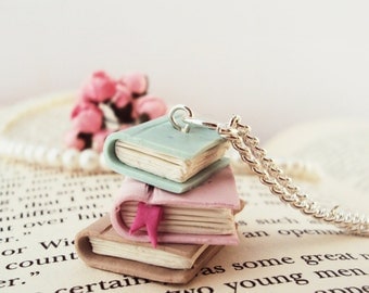 Stacked Books Necklace Polymer Clay, Miniature Clay Jewelry, Silver Plated Chain