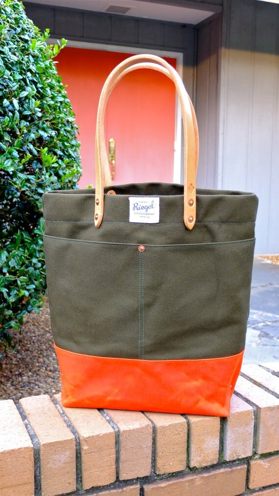 Waxed Canvas Tote Bag with Leather Handles Large Olive