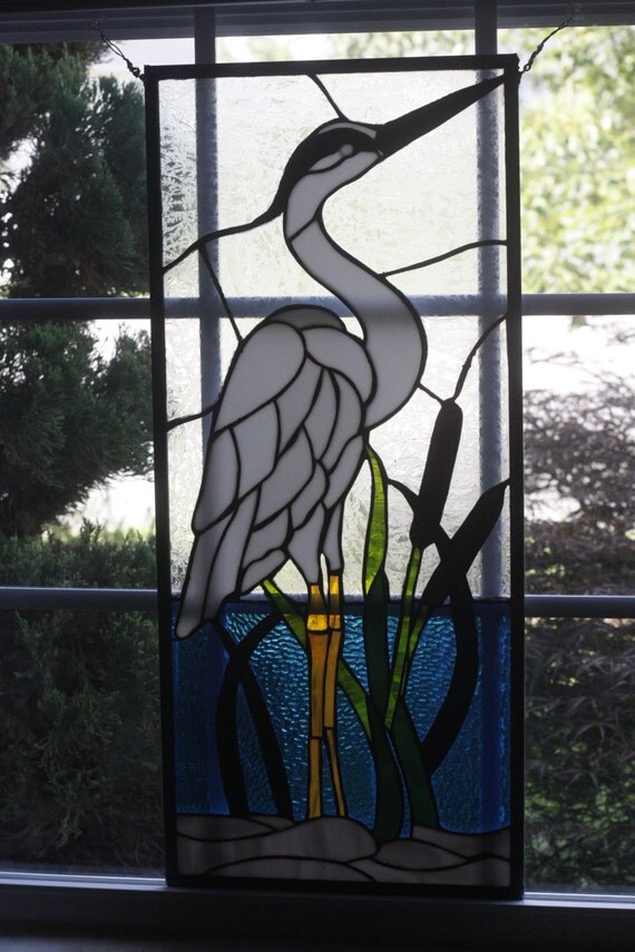 14 x 31 Stained Glass White Heron Panel by AnnersGlassShack